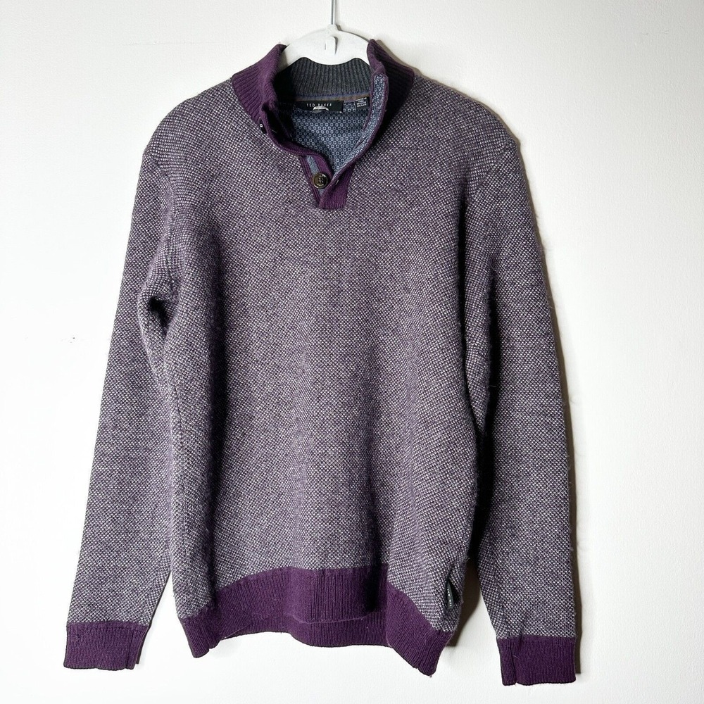 Ted Baker Sweater Mens S Maroon Wool Alpaca Pullover Henley Tweed Preppy Classic